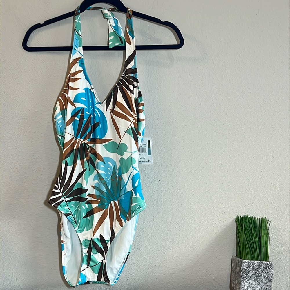 By The Beach Palm Tropical Print One Piece Swim Suit Large